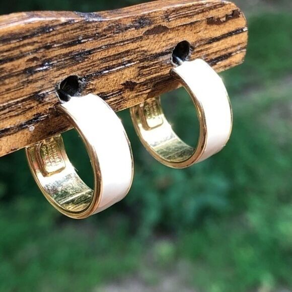 Vintage Monet Gold/ Off White Hoops - Picture 4 of 7